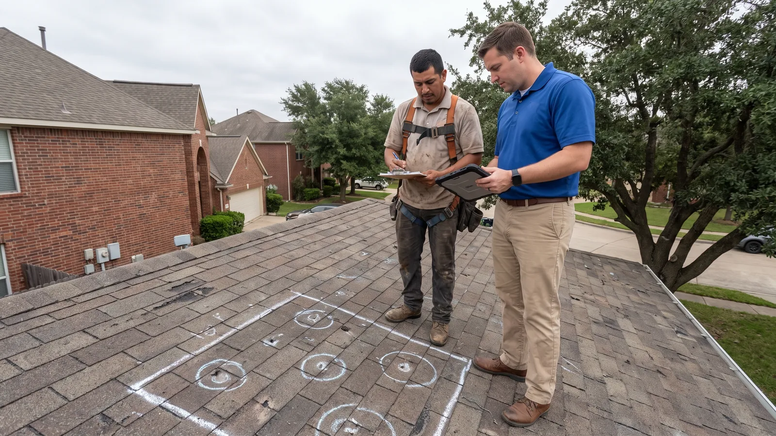 Roofer and insurance adjuster reviewing hail damage on a roof with a chalk-marked test square