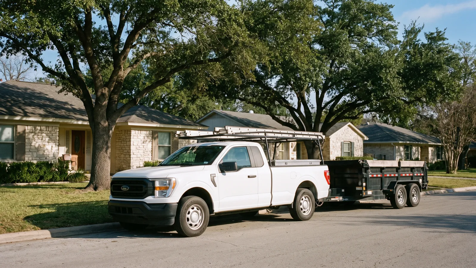 Roofing crew truck and trailer parked on a quiet street of limestone homes in New Braunfels