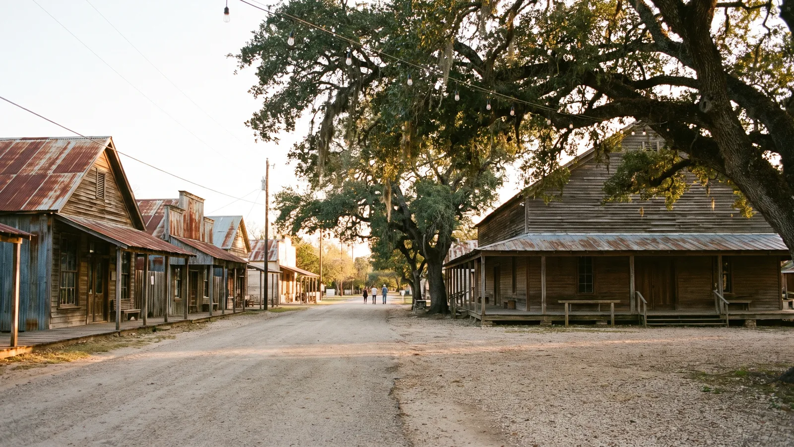 Historic tin-roofed buildings and live oaks on a small-town Texas street