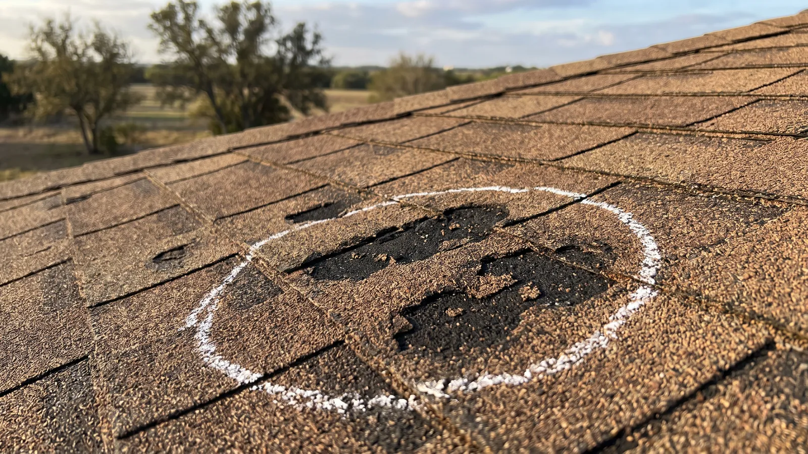 Close-up of hail bruises and granule loss on asphalt shingles after a Central Texas storm