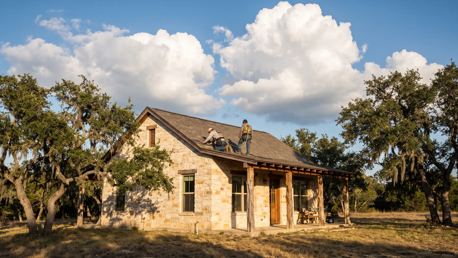 Roofers installing architectural shingles on a limestone Hill Country home in New Braunfels, TX