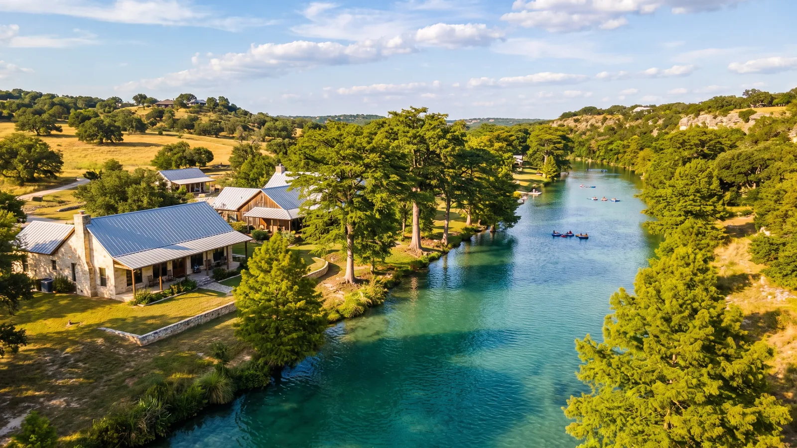 Hill Country homes with metal roofs among cypress trees along a clear Texas river
