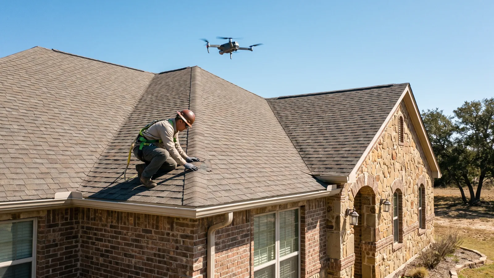 Inspector on a roof checking shingles with a drone hovering above a Texas home