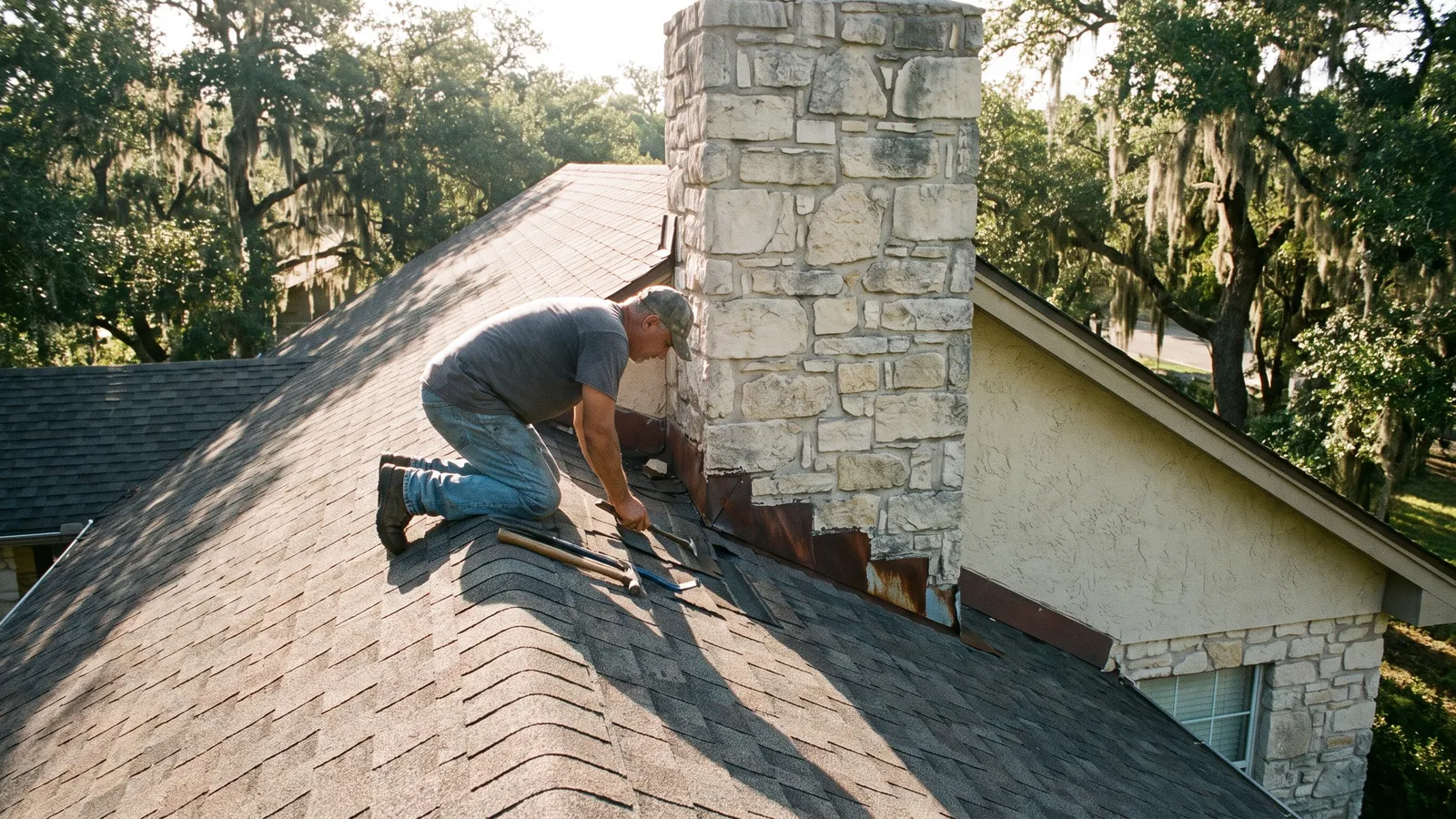 Roofer replacing damaged shingles and flashing around a chimney on a New Braunfels home
