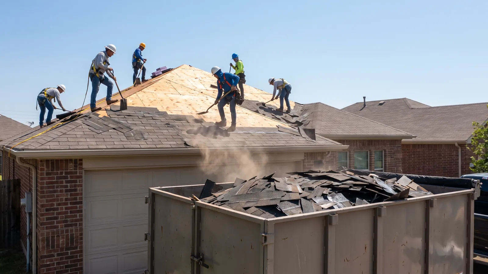 Crew tearing off old shingles down to the decking during a roof replacement