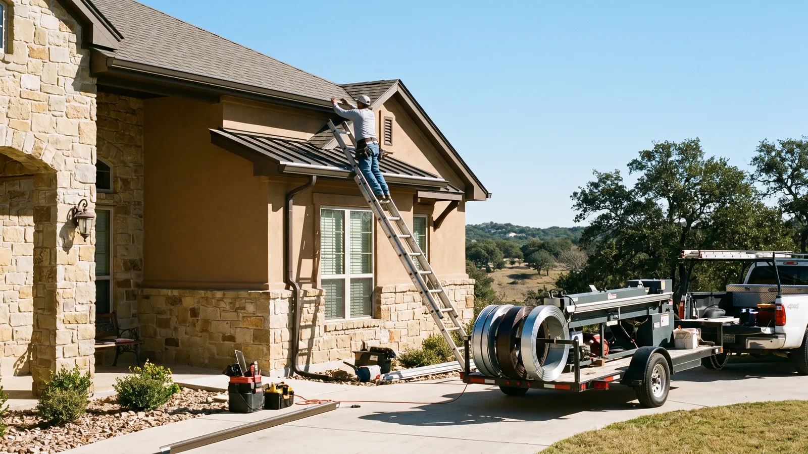 Seamless gutters and downspouts being installed on a stone-and-stucco home