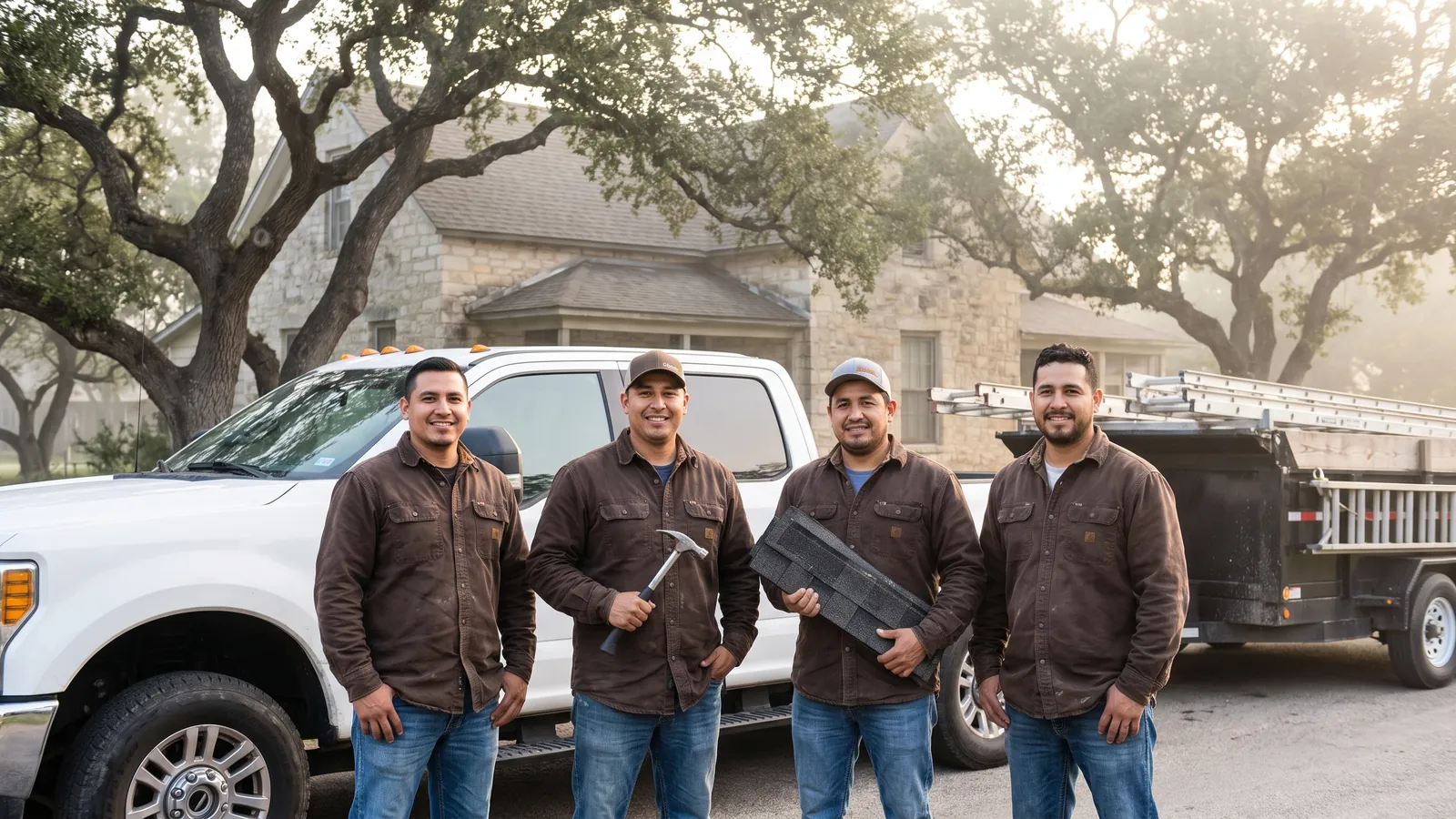 The New Braunfels Roofing Co. crew in front of their truck and trailer